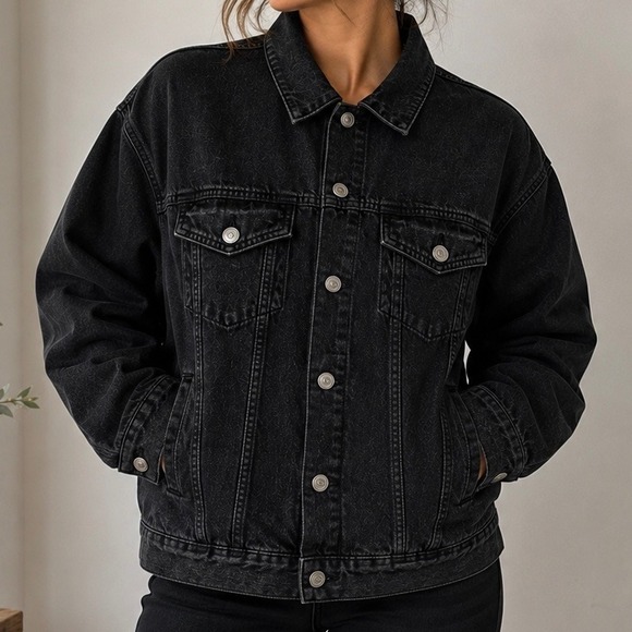 Cotton On Jackets & Blazers - Cotton On Black Denim Trucker Jacket Oversized Relaxed Fit Women's US 6